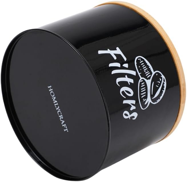 Coffee Filter Holder with Bamboo Lid – Filter Storage Organizer for Cone & Round Filters – Rustic Coffee Bar Container for Counter, Kitchen or Cafe Decor (Black).