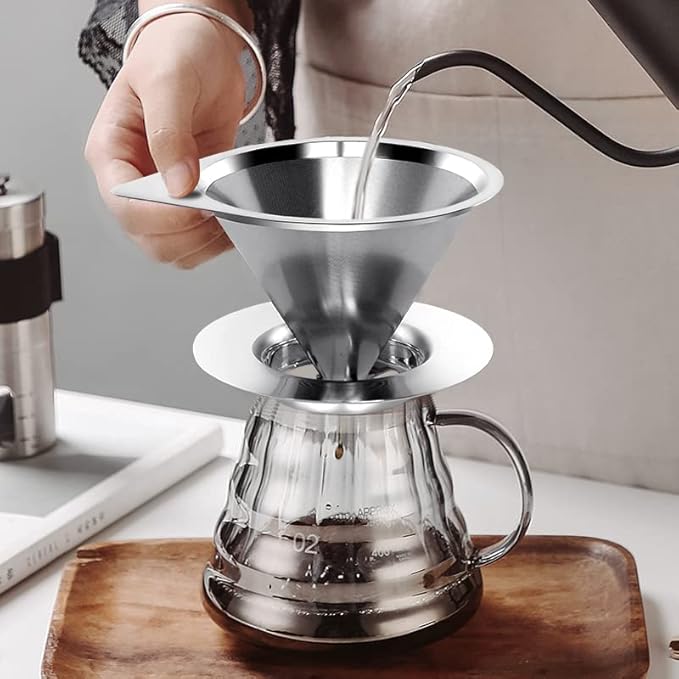 LHS Pour Over Coffee Dripper Reusable Coffee Filter Paperless Coffee Filter Stainless Steel Pour Over Coffee Maker Cone Coffee Dripper for 1-2 Cup,Silver