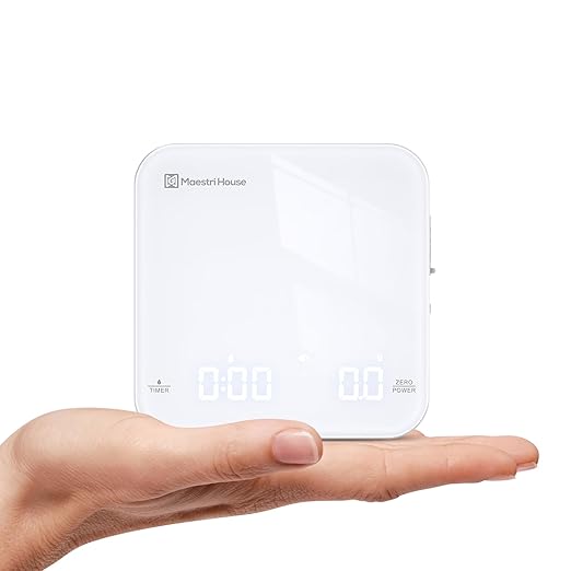 Rechargeable Mini Coffee Scale with Timer, Maestri House Espresso Scale, 2kg/0.1g Accurate Scale for Espresso and Pour-Over Coffee, Portable Digital Kitchen Scale with Automatic Timing(White&Glod)