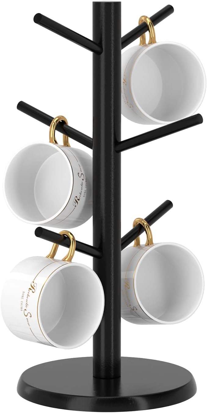 Wisuce Black Coffee Mug Tree Bamboo Mug Holder Coffee Cup Stand Mug Holders for Countertop Coffee Mug Rack Organizer Stand (Black Basic)