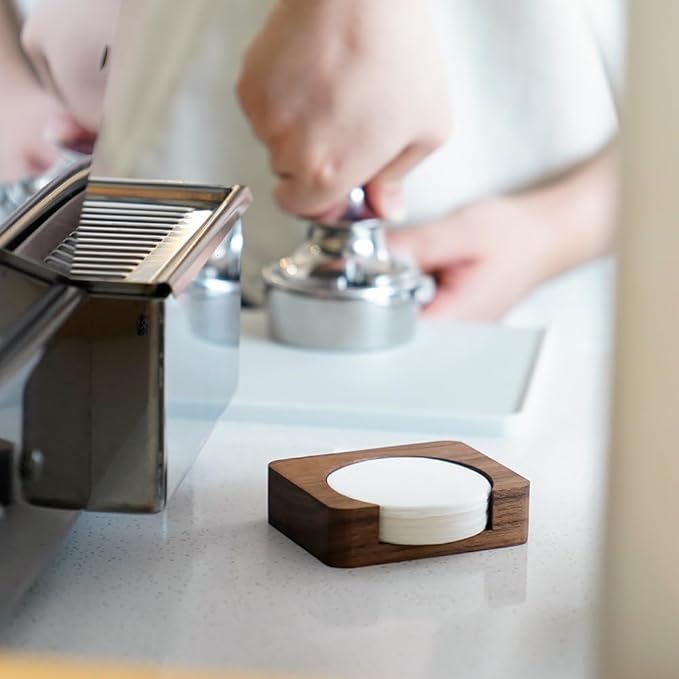 Espresso Paper Filter Holder Coffee Filter Storage Container Coffee Filter Dispenser Compatible with 51mm/53mm/54mm/58mm Round Disposable Puck Screen Paper Filters, Wood