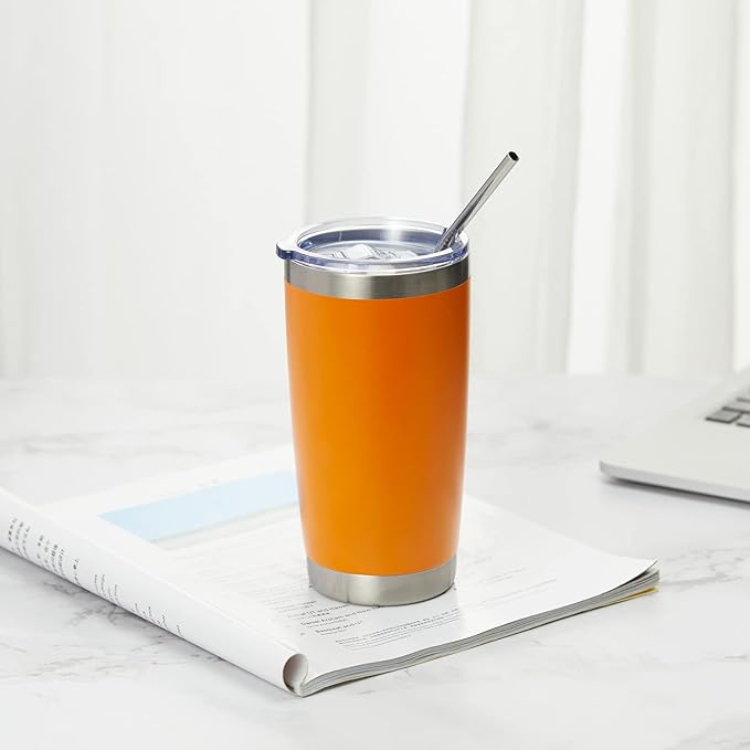 COMOOO 20oz Double Wall Vacuum Insulated Travel Mug, Stainless Steel Tumbler with Lid and Straw Durable Powder Coated Insulated Coffee Cup for Cold & Hot Drinks(Orange, 1 Pack)