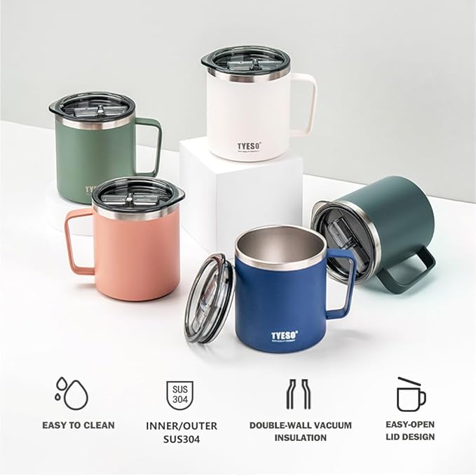 TYESO 14 oz Vacuum Insulated Mug Cup Stainless Steel Mug Coffee Mug with Lid Heat Insulation Cooling Direct Drip (Blue)