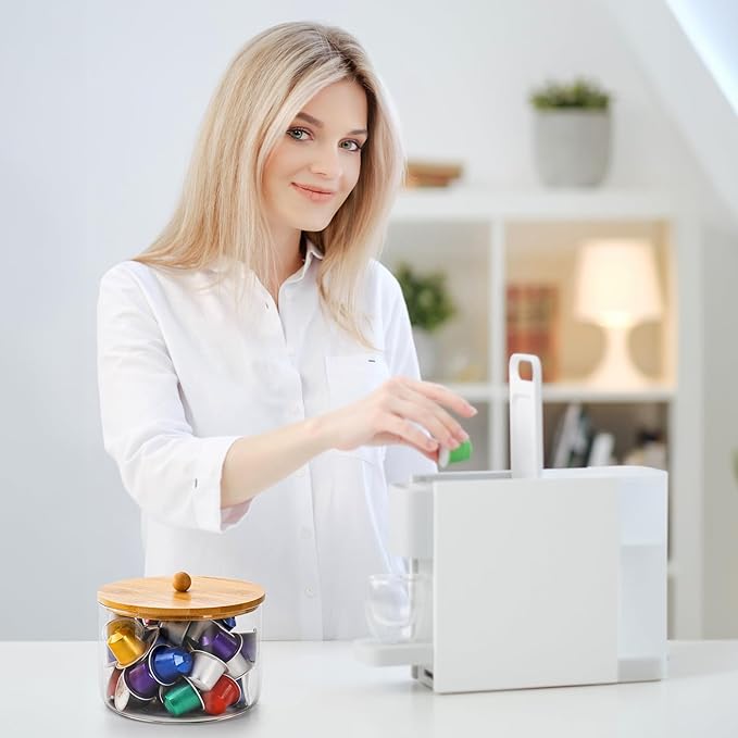 Coffee Filter Holder with Bamboo Lid, Farmhouse Coffee Filter Dispenser Basket for Counter, Glass Coffee Filter Storage Container for Coffee Pod and Filter, Coffee Bar Accessories