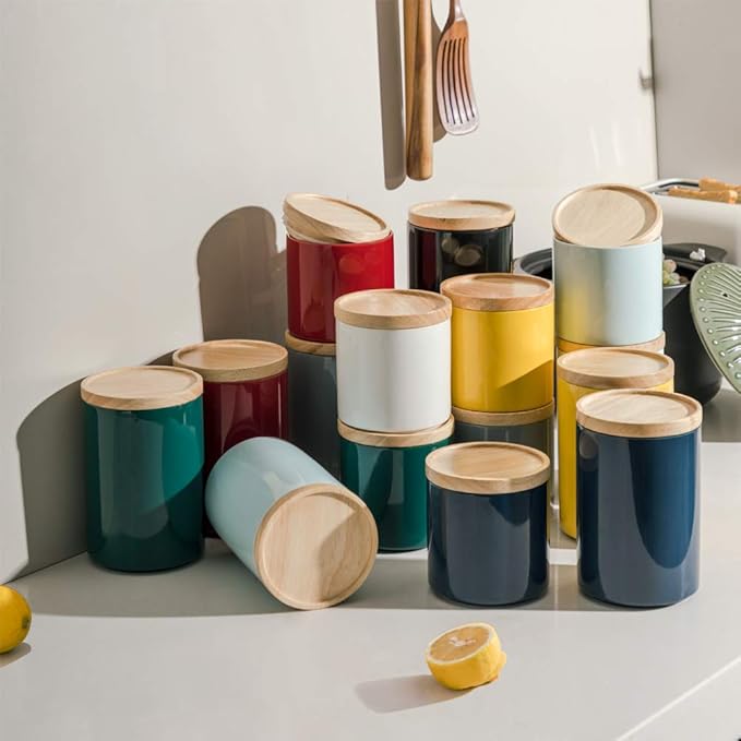 Sweejar Kitchen Canisters Ceramic Food Storage Jar, Stackable Containers with Airtight Seal Wooden Lid for Serving Ground Coffee, Tea, Sugar, Salt and More - 16 Fl Oz (Yellow)