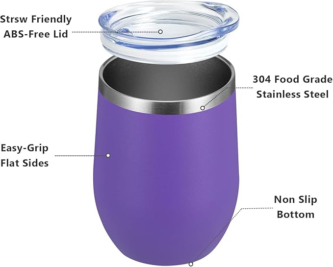 MEWAY 12oz/12 Pack Wine Tumbler Glasses with Lid -Double Wall Vacuum Stainless Steel Travel Tumbler Mug,Stemless Insulated Wine Cup for,Coffee,Cocktails,Gifts (Purple,Set of 12)