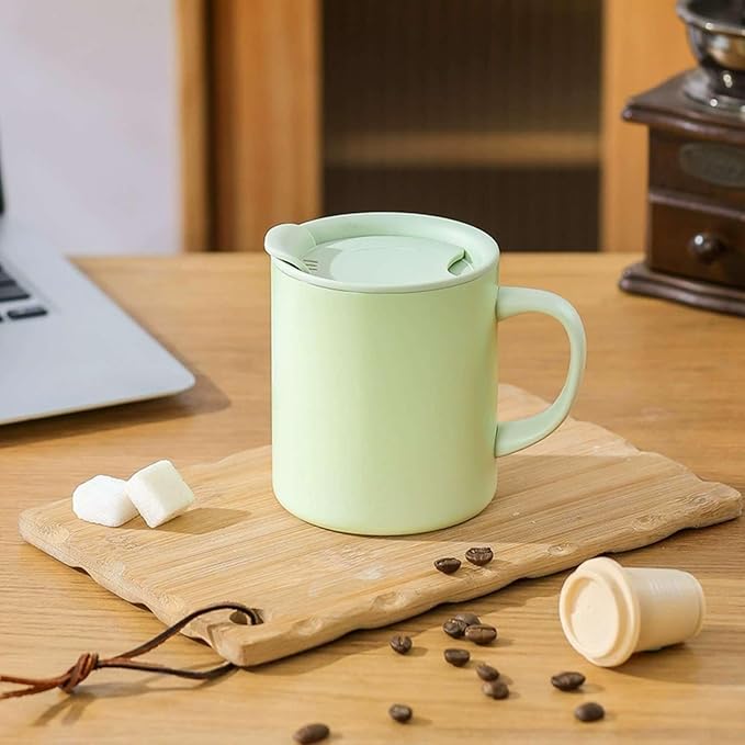 12oz Insulated Camping Coffee Mug with Lid & Handle, Double Wall Stainless Steel Vacuum Travel Coffee Cup, Reusable Tumbler for Home Office Camping - Green