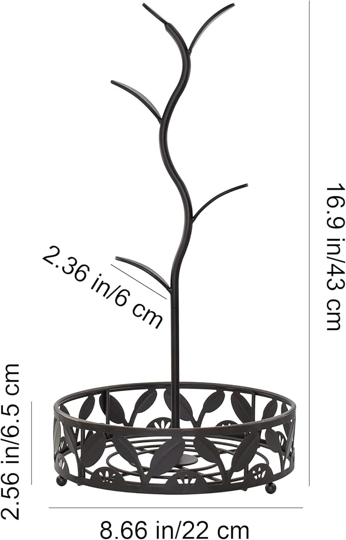 VANRA Mug Tree Holder Stand Coffee Mug Rack Countertop with Coffee Pod Basket Storage for Kitchen Counter Organizer, Black Steel