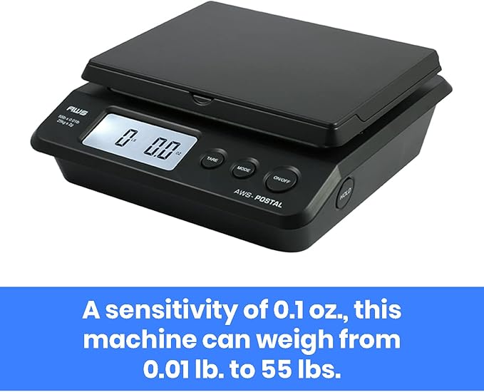 American Weigh Scales Digital Shipping Postal Scale, Package Postage ScaleBacklit LCD Screen55lbs. x 0.01lbs. (Black), PS-25