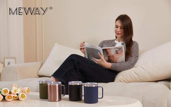 MEWAY 12oz Coffee Mug With Handle 8 Pack Bulk,Stainless Steel Insulated Travel Tumblers With Sliding Lid,Double Wall Vacuum Camping Cup for Hot & Cold Drinks Tea (Sliver,Set of 8)