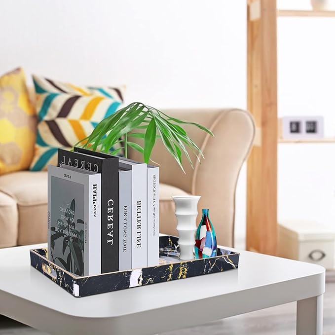 Gifturbo Black Serving Tray,Marble Decorative Serving Trays with Handles, Coffee Table Tray Ottoman Rectangular Plastic Trays with Gold Rim for Living Room, Bathroom,15.7 x 10.2 x1.37 inches