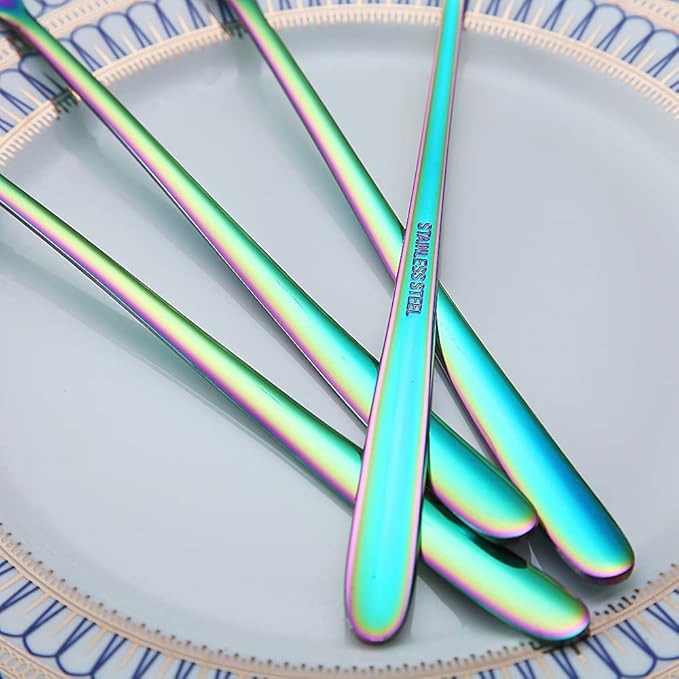 Rainbow Long Handle Spoons, Coffee Stirrers, Premium Stainless Steel Coffee & Ice Cream Spoons, Set of 6 (Colorful)