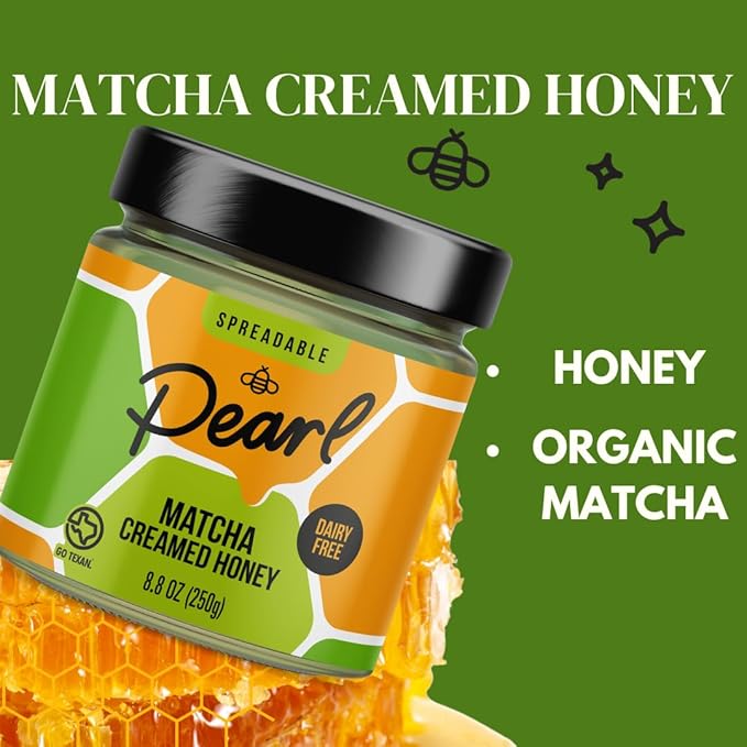 Pearl Honey Spreads - Organic Matcha Flavored Creamed Raw Honey - Chemical Free, Dairy Free, Soy Free & 100% Naturally Flavored |8.8oz Jar