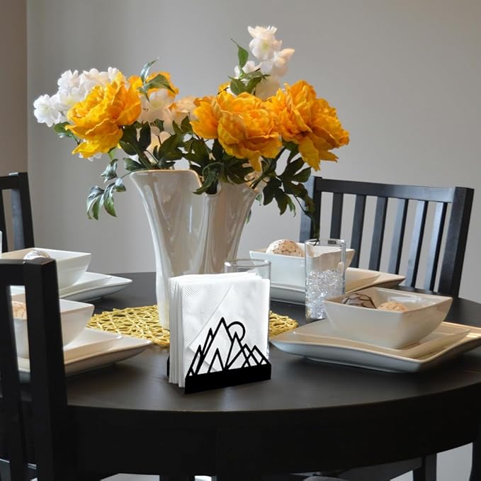 Geometric Mountains Decorative Black Metal Napkin Holder for Table, 4.9" x 4.9" x 1.9" Standing Napkin Holder for Home Kitchen Restaurant Picnic Party Coffee Bar Dining Room
