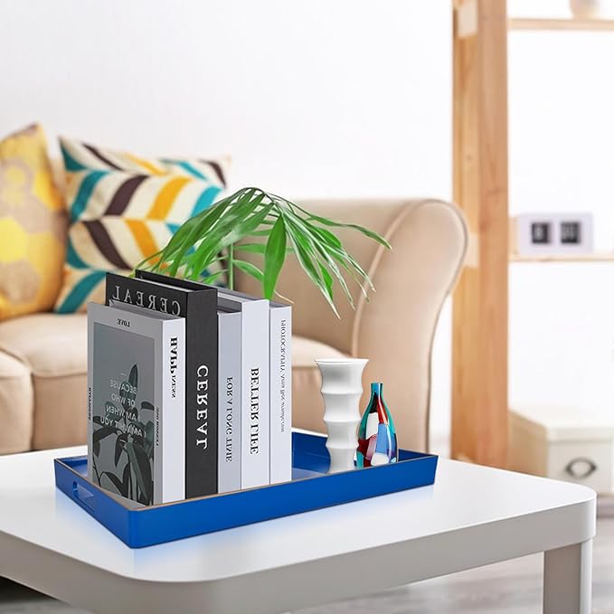 Gifturbo Blue Serving Tray,Decorative Serving Trays with Handles, Coffee Table Tray Ottoman Rectangular Plastic Tray for Living Room, Bathroom, 15.7” x 10.2” x1.37”