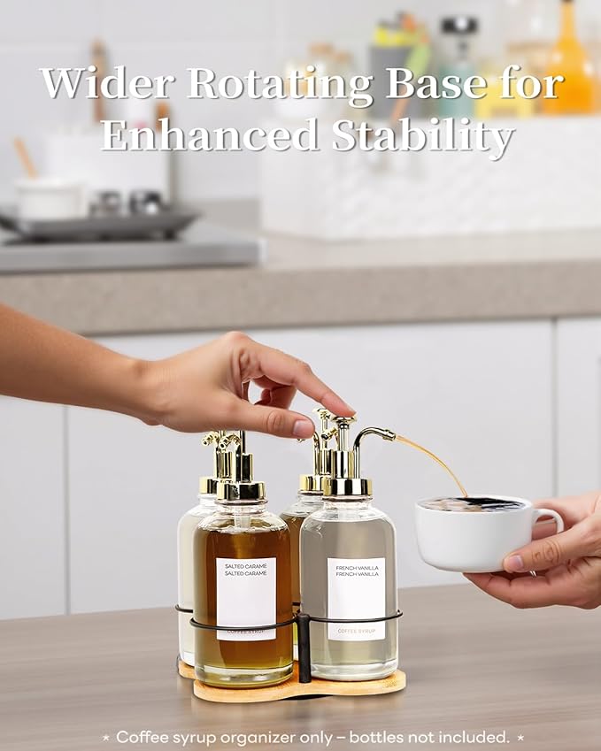 Rotating Coffee Syrup Organizer, Syrup Bottle Holder for Coffee Syrup Dispenser 16.9oz, Bamboo Coffee Syrup Rack for Coffee Bar Station Countertop, Coffee Bar Accessories(Syrup Rack Only)