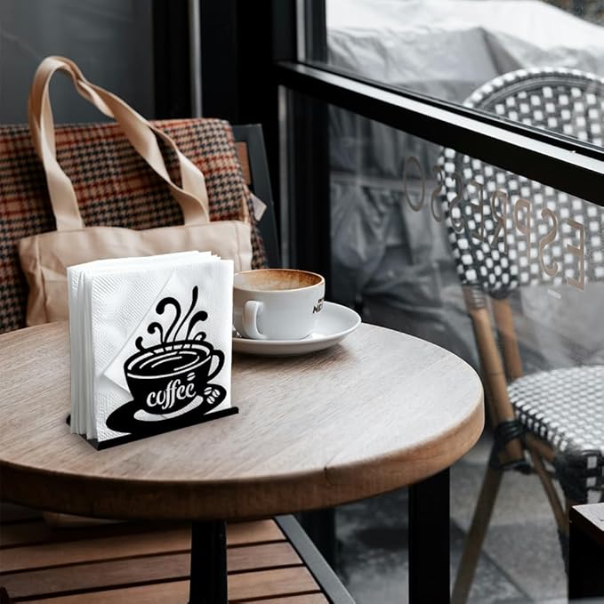 Coffee Cup Decorative Black Metal Napkin Holder for Cafe Bar Table, 4.9" x 4.9" x 1.9" Standing Napkin Holder for Home Kitchen Restaurant Picnic Party Coffee Bar Dining Room