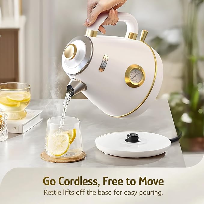 Hazel Quinn Retro Electric Kettle - 1.7 Liters / 57.5 Ounces Tea Kettle with Thermometer, All Stainless Steel, 1200 Watts Fast Boiling, BPA-free, Cordless, Automatic Shut Off - Pearl White