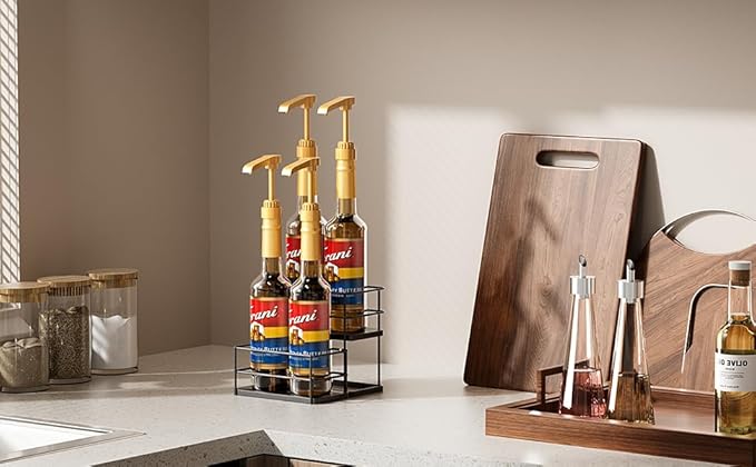 4 Bottle Capacity Coffee Syrup Organizer 2 Tier Coffee Syrup Stand Shelf for Coffee Bar Kitchen Small Wine Rack for Bar Family Storage for Syrup Wine Dressing