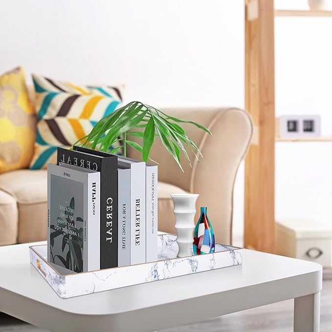 Gifturbo White Serving Tray, Marble Serving Trays with Handles,Rectangular Coffee Table Ottoman Tray Decorative Plastic Tray with Gold Rim for Living Room, Bathroom,Decor,15.7 x 10.2 x1.37 inches