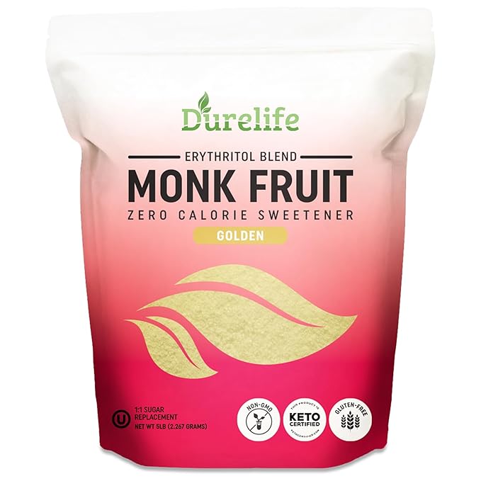 Durelife Golden Monk Fruit Sweetener, 1:1 Sugar Replacement, Keto Diet Friendly, Zero Calorie, Kosher Sugar Substitute Crystal, Golden - 5 lb Bulk Size (Packaging May Vary)