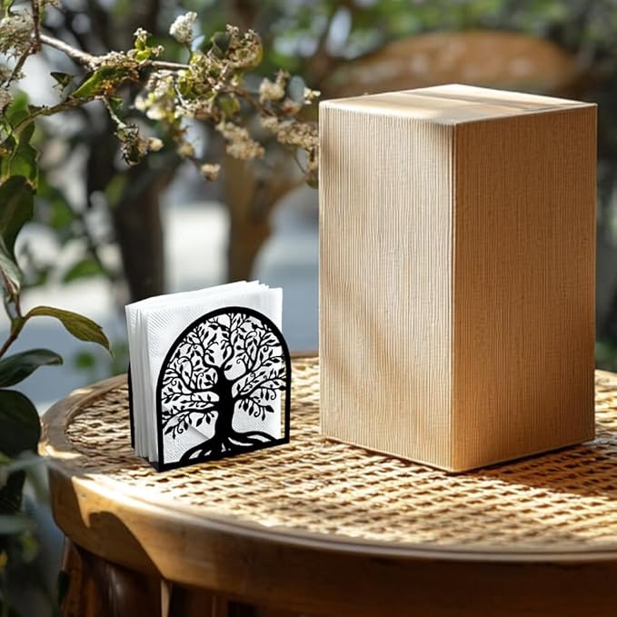 Tree of Life Decorative Black Metal Napkin Holder for Table, 4.9" x 4.9" x 1.9" Standing Napkin Holder for Home Kitchen Restaurant Picnic Party Coffee Bar Dining Room