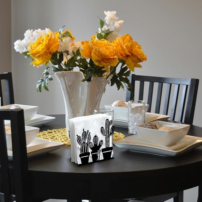Cactus Decorative Black Metal Napkin Holder for Table, 4.9" x 4.9" x 1.9" Standing Napkin Holder for Home Kitchen Restaurant Picnic Party Coffee Bar Dining Room