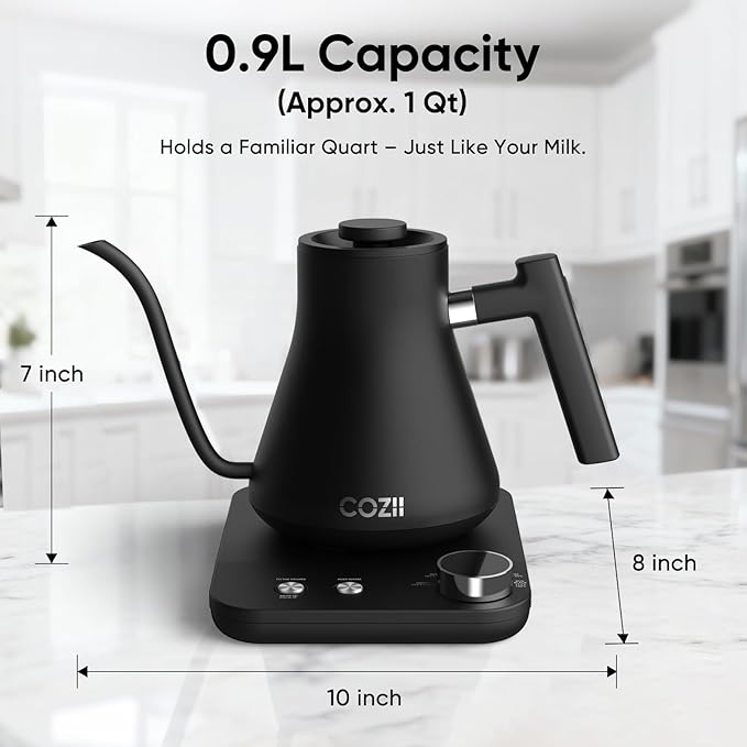 COZII Gooseneck Electric Kettle with ±1°F Temperature Control, 1200W Quick Heating for Pour Over Coffee & Tea, 0.9L Water Boiler with 24H Keep Warm & Auto Shut Off, Stainless Steel Interior, Black