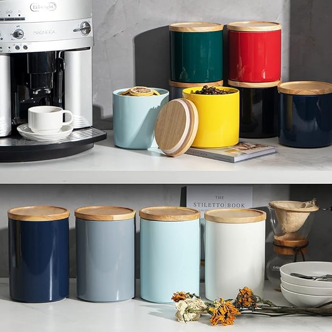 Sweejar Kitchen Canisters Ceramic Food Storage Jar, Stackable Containers with Airtight Seal Wooden Lid for Serving Coffee Bean, Flour, Tea, Cookies and More - 58 Fl Oz (Jade)