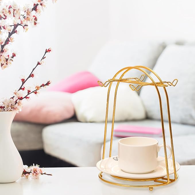 jojofuny Golden Mugs Display Holder Stand with 4 Hook: European Style Coffee Tea Cup Stand for Countertop - Mugs Rack Organizer for Home Bar Accessories