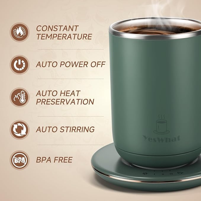 Smart Heated Coffee Mug with Temperature Control, Magnetic Auto Stirring & 3 Heat Levels, Type-C USB Rechargeable Stainless Steel Mug, 8-Hour Shut-Off, Perfect for Desk, Home, Office,Tea – Green 11oz