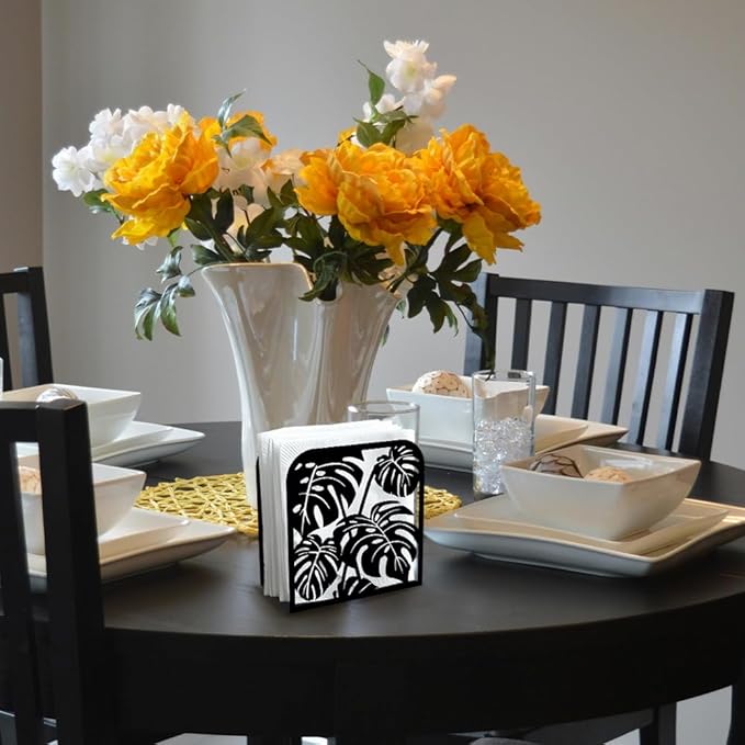 Monstera Leaf Decorative Black Metal Napkin Holder for Table, 4.9" x 4.9" x 1.9" Monstera Deliciosa Standing Napkin Holder for Home Kitchen Restaurant Picnic Party Coffee Bar Dining Room