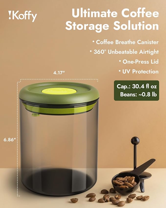 Airtight Coffee Canister – One-Way CO₂ Valve, UV Protection, 3X Thicker Glass, Coffee Bean Storage Container for Ground Coffee & Tea, 30.5 fl oz, for 0.8 lb Beans
