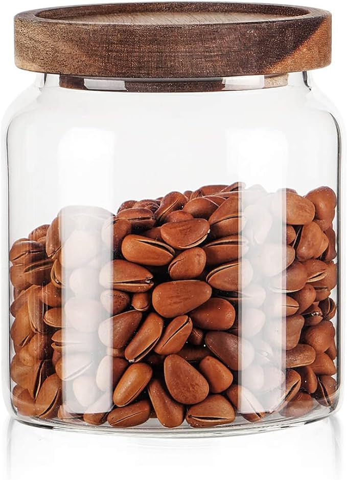 Labina Glass Storage Container Airtight Food Jars Kitchen Canister with Wood Lids, 20 Oz Wide Mouth Pantry Organization Glass Jar for Flour, Sugar, Cookie, Spagetti, Nuts and Candy