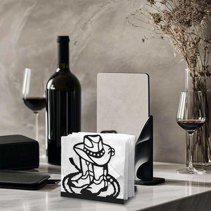 Cowboy Boot Decorative Black Metal Napkin Holder for Table, 4.9" x 4.9" x 2" Western Hat Lasso Standing Napkin Holder for Home Kitchen Restaurant Picnic Party Coffee Bar Dining Room