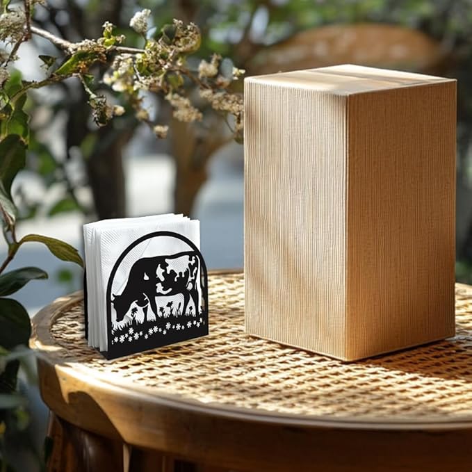 Cow Eating Grass Decorative Black Metal Napkin Holder for Table, 4.9" x 4.9" x 1.9" Standing Napkin Holder for Home Kitchen Restaurant Picnic Party Coffee Bar Dining Room