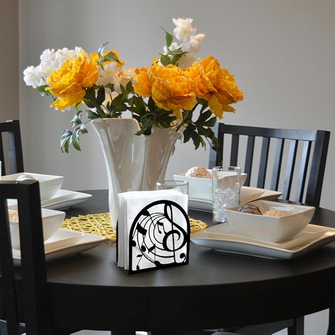 Music Note Decorative Black Metal Napkin Holder for Table, 4.9" x 4.9" x 1.9" Standing Napkin Holder for Home Kitchen Restaurant Picnic Party Coffee Bar Dining Room