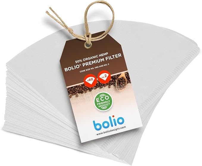 Premium Hemp White Paper Cone Coffee Filters - Peroxide Whitened - Compatible with V60 and All No.2 Size Pour Over Drippers - (Pack of 100)