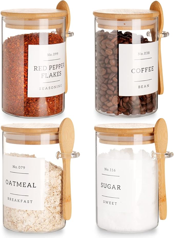 Glass Jar with Bamboo Lid and Spoon - 4 Pcs 17 oz Sugar Container with 132 Food Pantry Labels - Glass Containers with Wooden Lids Hold Coffee, Tea, Candy
