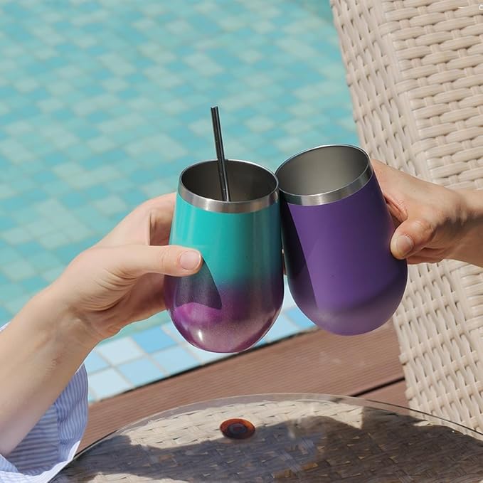 MEWAY 12oz Stainless Steel Wine Tumbler with Lid and Straw - Double Wall Stainless Steel Coffee Mug, Gift for Woman Under 10 dollars, 4 Pack Bulk tumblers(Purple,Set of 4)