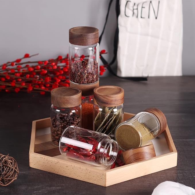 SAIOOL 6 Pcs Small Glass Spice Jars with Label,High Sealing Threaded Mouth,with Black Printed Spice Labels - 8.79oz /260ml*6,Empty Cylinder Spices Bottles,Storage Jars with Airtight Screw Lids