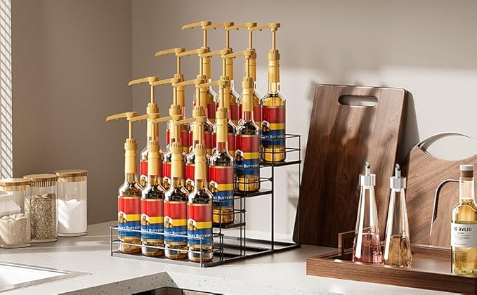 16 Bottle Capacity Coffee Syrup Organizer 4 Tier Coffee Syrup Stand Shelf for Coffee Bar Kitchen Small Wine Rack for Bar Family Storage for Syrup Wine Dressing