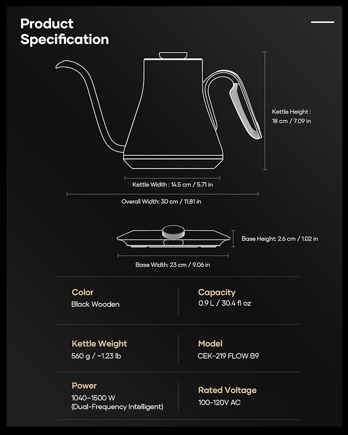 Cocinare FLOW B9 Gooseneck Electric Kettle, Precise Temperature Control for Pour-Over Coffee & Tea Brewing, Stainless Steel Interior, Rapid Heating for Boiling Water 1500W/0.9L (Obsidian Black)