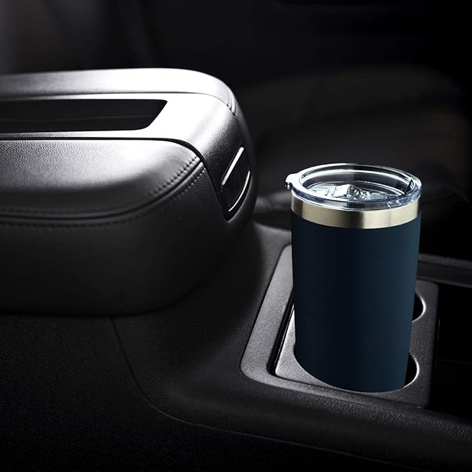 COMOOO 20oz Double Wall Vacuum Insulated Travel Mug, Stainless Steel Tumbler with Lid and Straw Durable Powder Coated Insulated Coffee Cup for Cold & Hot Drinks (Navy. 2 pack