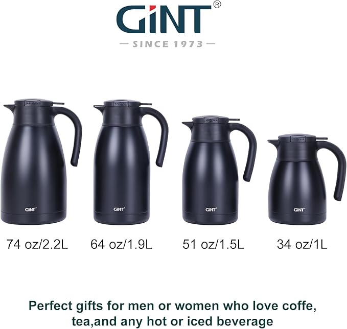 GiNT 1L / 34Oz Thermal Coffee Carafe, Insulated Stainless Steel Coffee Carafes for Keeping Hot/Double Walled Vacuum Thermal Carafe (Black)