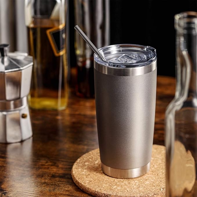 COMOOO 20oz/8Pack Tumbler Double Wall Vacuum Insulated Coffee Travel Mug Stainless Steel Tumbler with Lid and Straw Coffee Cup for Cold & Hot Drinks, Home and Outdoor (Cold Grey, 8 Pack)
