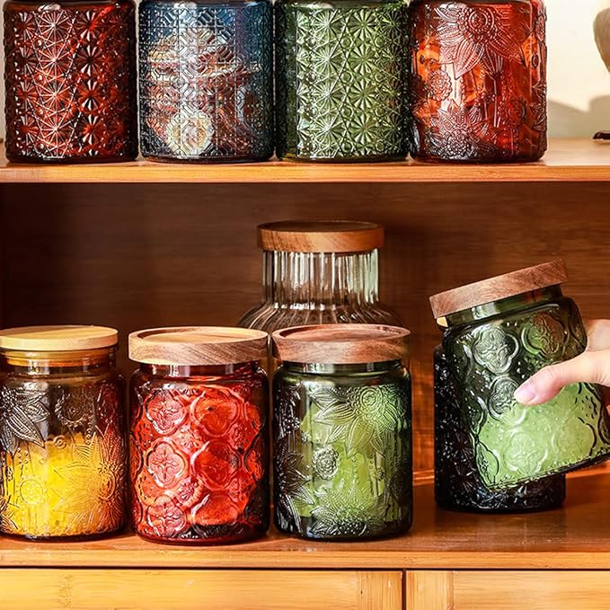 Set of 2 Vintage Glass Jars, Green Glass Storage Jars with Solid Wood Lids (23.7 oz) for Kitchen, Pantry, Candy, Flour, Oatmeal, Coffee Beans, Pet Food, Laundry Detergent, Cute Jar (Green, 2 Pack)