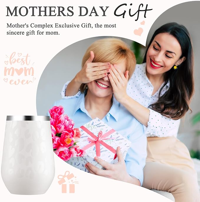 MEWAY 12oz Insulated Wine Tumbler Bulk, Double Wall Vacuum Stainless Steel Travel Tumbler with Straw,Travel wine tumbler, 4 pack of wine tumbler glasses(Almond Leopard,Set of 4)