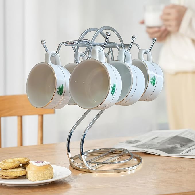 Coffee Mug Holder Metal,Mug TeaCups Holders Countertop,Coffee Mug Tea Cup Stand Storage Rack Tabletop Counter 6 Hooks(Silver)