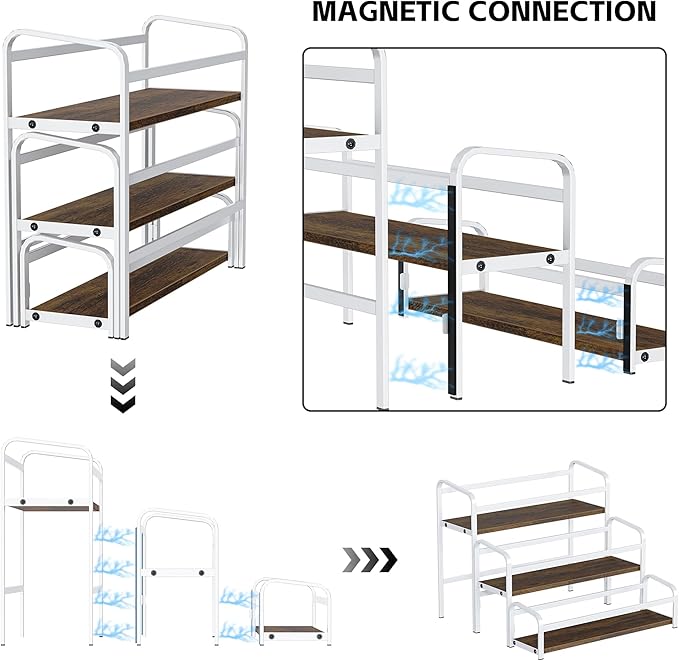 Coffee Syrup Rack Organizer, Wine Racks, Spice Racks, 3-Tier (Magnetic Connection) 12 Bottles Storage Shelves for Syrup Bottle Holder Stand for Coffee Bar, Kitchen Countertop, Rustic Brown & White